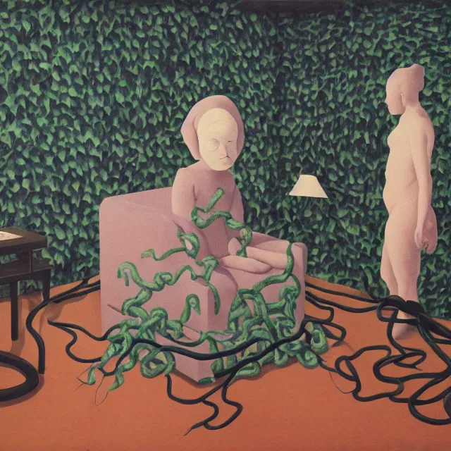 Prompt: a female pathology student in her apartment, wrapped in vines, medical equipment, zen, stepping stones, octopus, pig, black walls, ikebana, black armchair, sculpture, acrylic on canvas, surrealist, by magritte and monet