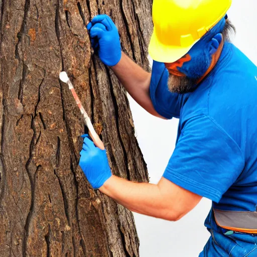 Prompt: construction worker painting a tree blue