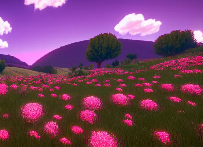 Prompt: fields full of flowers, pink and pyrple trees and blue sky with hills in the background. Intricate. Very detailed 8k. Fantasy horror. Sharp. Cinematic post-processing. Unreal engine. Nanite. Ray tracing. Parallax. Tessellation