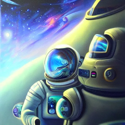 Image similar to scifi space journey in oil painting, trending on artstation, award winning, emotional, highly detailed ethereal surrealist visionary art