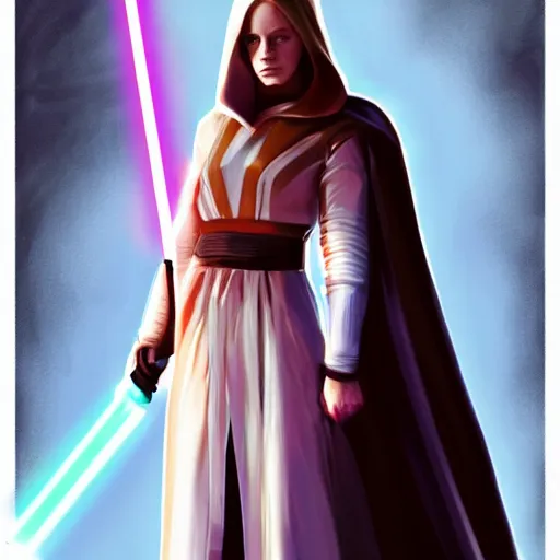 Image similar to emma watson as a sith lord with a cloak and a lightsaber, trending on art station, by the best artists