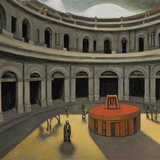 Prompt: a brutalist courtyard colosseum interior lined with cloaked judges and a weeping robot in the center, by PJ Crook and Edward Hopper