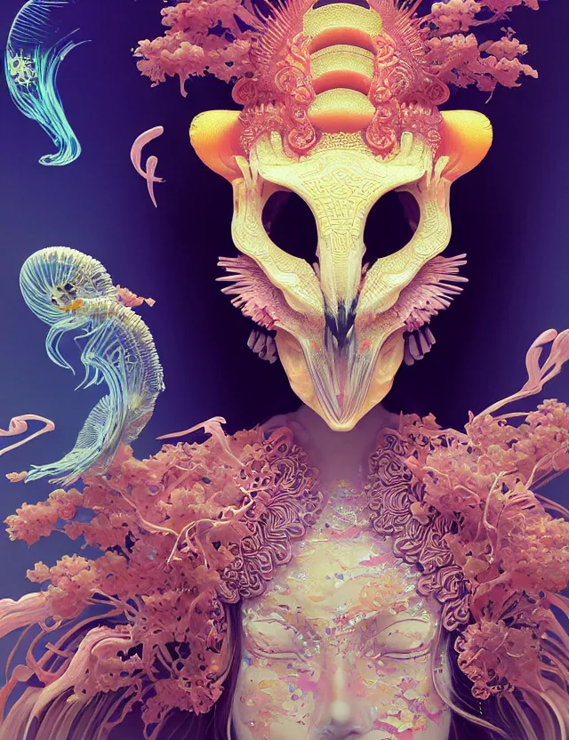 Image similar to simple coherent artwork. 3 d goddess close - up 3 / 4 portrait with ram skull. beautiful intricately detailed japanese crow kitsune mask and clasical japanese kimono. betta fish, jellyfish phoenix, bio luminescent, plasma, ice, water, wind, creature, artwork by tooth wu and wlop and beeple and greg rutkowski