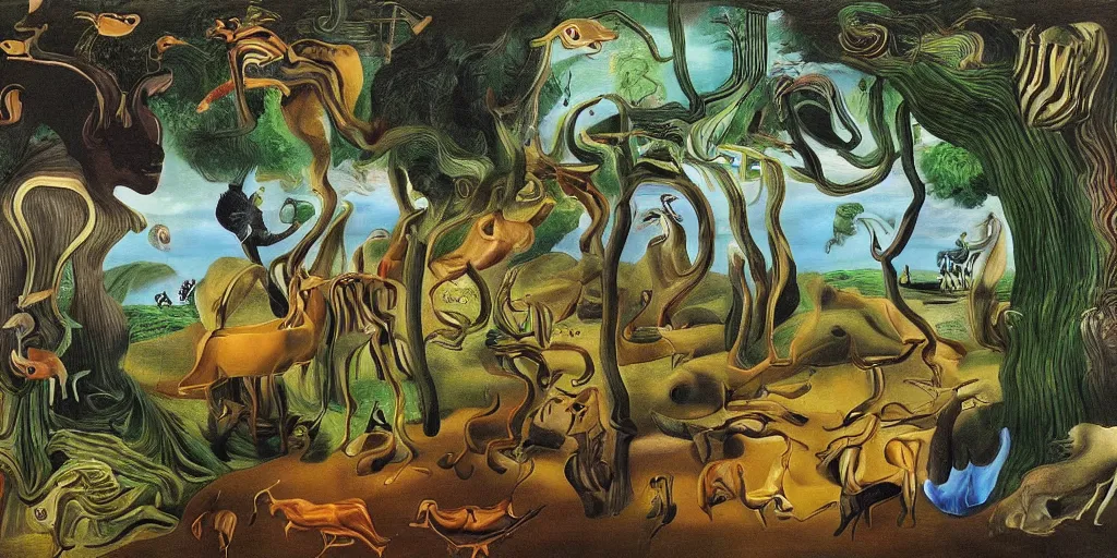 Image similar to Painting of a forest with rivers and animals in the style of Salvador Dali, highly detailed