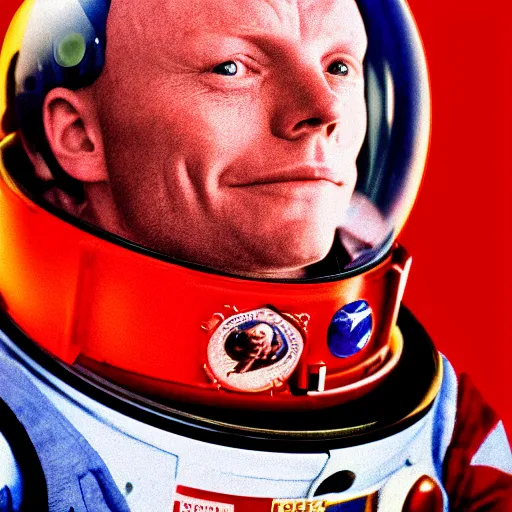 Prompt: portrait photography of neil armstrong with realistic buzz lightyear face in a red communist space suit with communist symbols. symmetry. intricate details. 8 k.