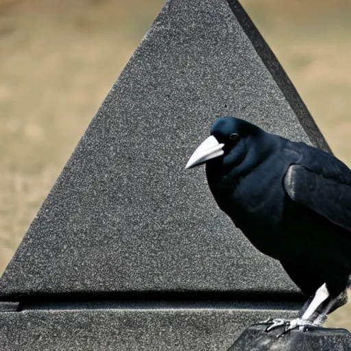 Image similar to close up of a obese crow with a round body short legs and large black beak sitting in a black stone obelisk, high resolution film still, film by Jon Favreau