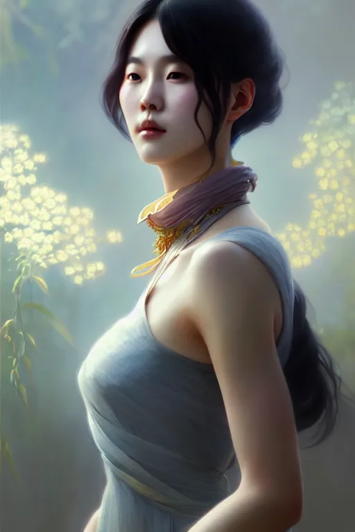 Image similar to beautiful digital painting of lee jin - eun gray background with high detail, 8 k, stunning detail, photo by artgerm, greg rutkowski and alphonse mucha, unreal engine 5, 4 k uhd