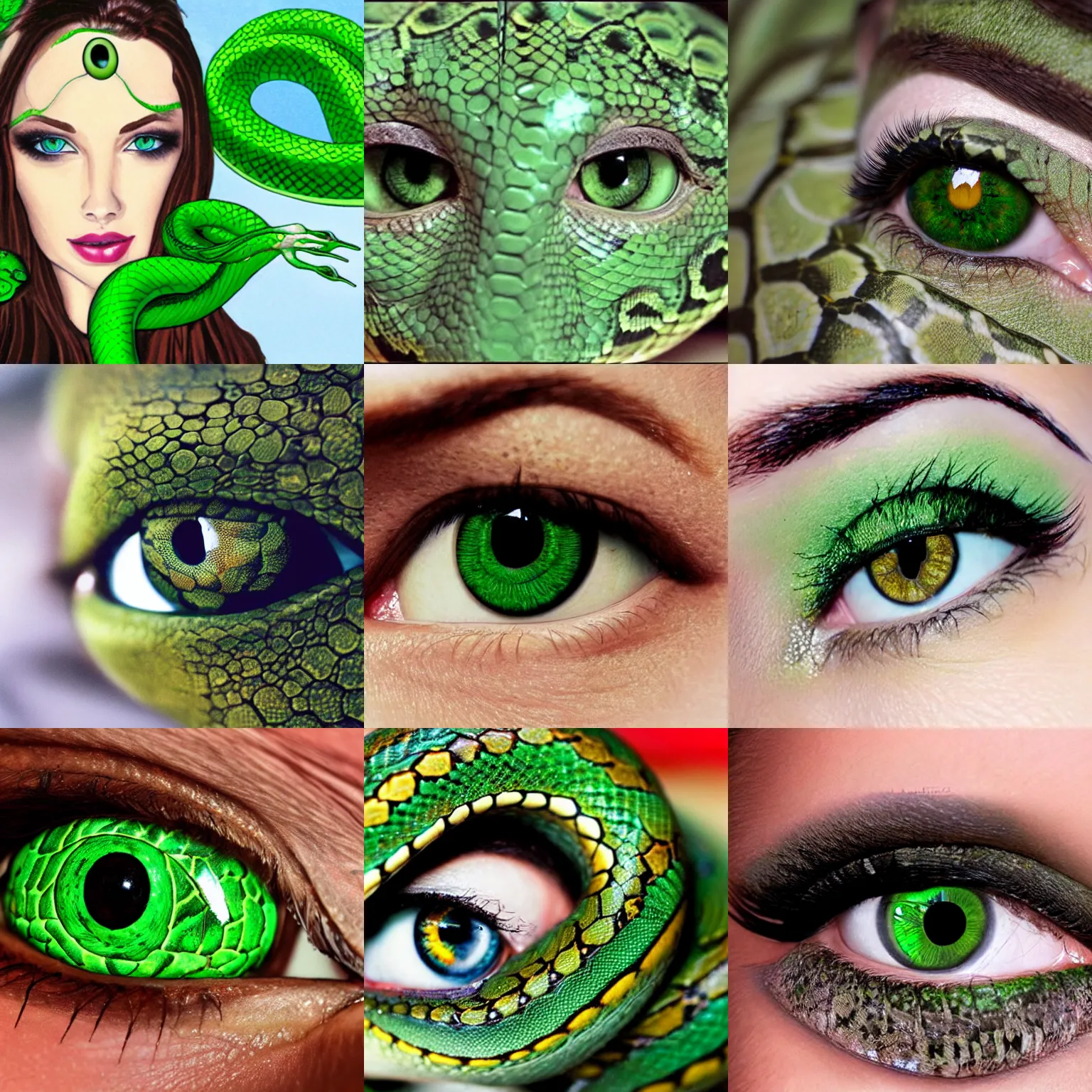 Prompt: green eyes that have snakes instead of corneas