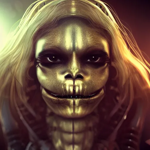 Prompt: beautiful blond xenomorph girl with human face in the style of giger, ground fog, moody lighting, 8 k, lightning, shallow depth of field, cinematic lighting,