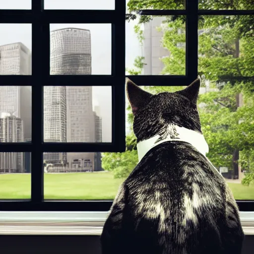 Image similar to an anthropomorphized cat in a business suit, looking out a window,