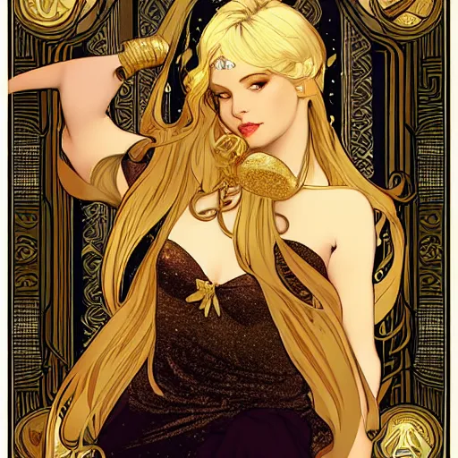 Prompt: blonde with gold champagne. art by mucha and wlop