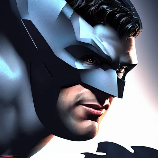 Image similar to Superman as Batman, digital portrait, artstation, cgsociety, 4k, high detail