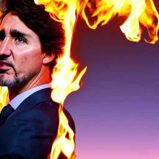 Image similar to a still of Justin Trudeau breathing fire at Obama . He's wearing a suit, dark. Studio lighting, shallow depth of field. Professional photography City at night in background, lights, colors,4K