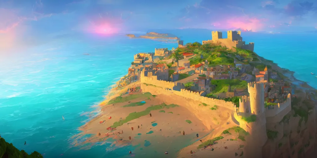 Image similar to Panoramic view of the Castle of Peñiscola and surrounding beaches, mattepainting concept Blizzard pixar maya engine on stylized background splash comics global illumination lighting artstation lois van baarle, ilya kuvshinov, rossdraws