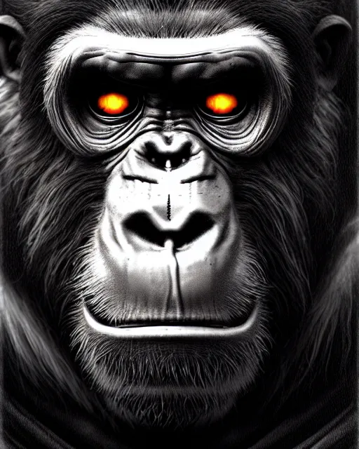 Image similar to winston the ape from overwatch, character portrait, portrait, close up, concept art, intricate details, highly detailed, horror poster, horror, vintage horror art, dark, gritty, realistic, terrifying, in the style of michael whelan, and gustave dore