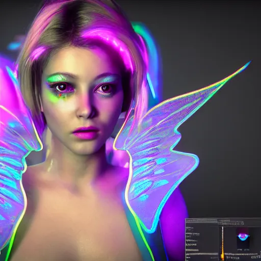 Image similar to neon fluorescent, iridescent young ornella muti with fairy wings cyperpunk 2 0 7 7, unreal engine 5, 8 k ultra realistic, hyperdetailed, volumetric lighting, extremely high quality