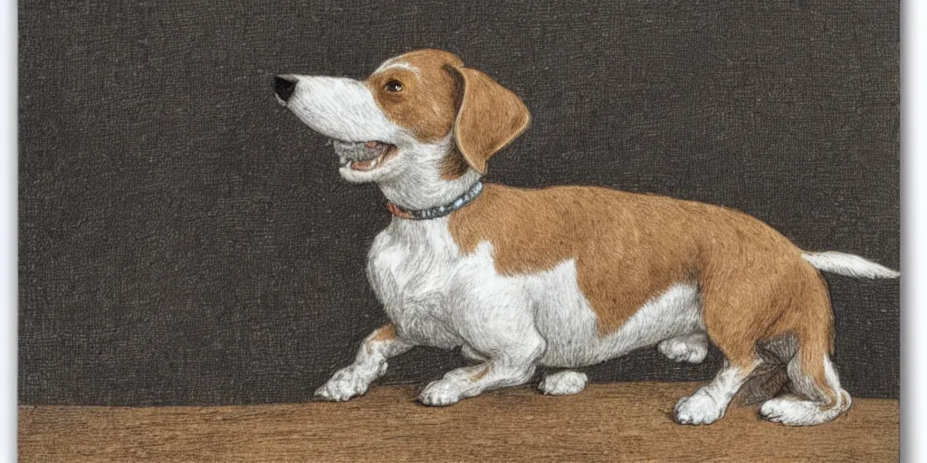 Image similar to jack russel dog, highly detailed, side view, eyes closed head facing the sky, illustrated by peggy fortnum and beatrix potter and sir john tenniel