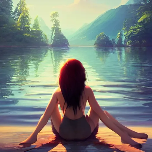 Image similar to woman sitting with her feet in a lake, beautiful and relaxing, very very very long hair, Makoto Shinkai ilya kuvshinov and Wojtek Fus