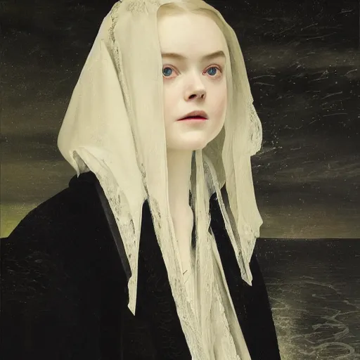 Image similar to Elle Fanning in a black coat, religious masterpiece portrait, oil on canvas, dark stormy night, the only light is from a lit torch, in the world of Andrew Wyeth and Bloodborne, artstation, by J. C. Leyendecker and Peter Paul Rubens,