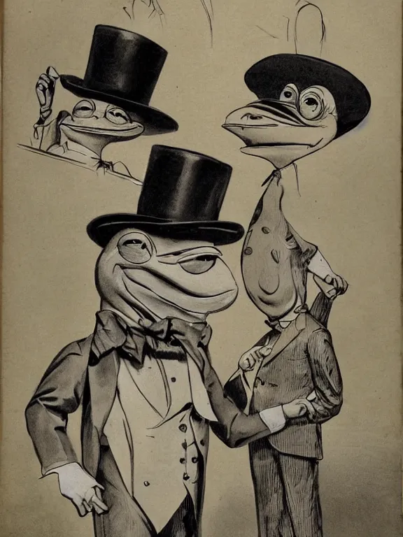 Image similar to pepe the frog at the royal ascot, wearing morning suit and top hat, excited watching the horse races, illustration by Joseph Christian Leyendecker