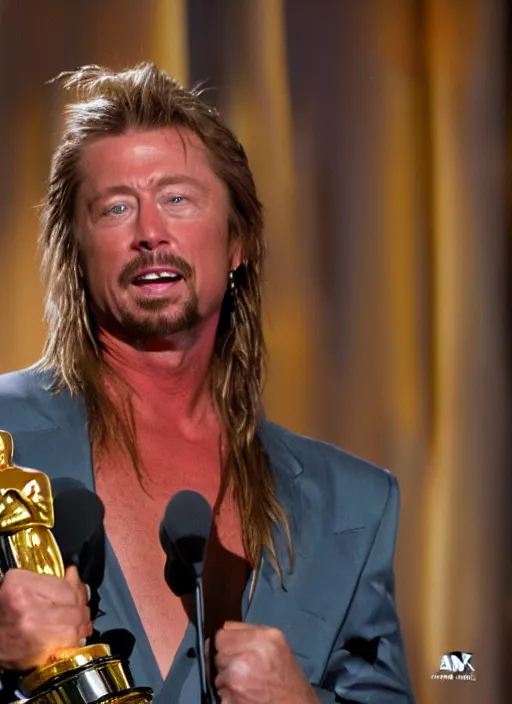 Prompt: a hyper realistic ultra realistic photograph of Joe Dirt winning an oscar, highly detailed, 8k photo