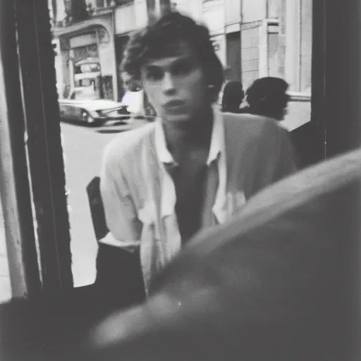 Image similar to grainy abstract expired film photo of mikky ekko, 1960s Paris by Henri Cartier-Bresson, 50mm lens cinematic, black and white filter