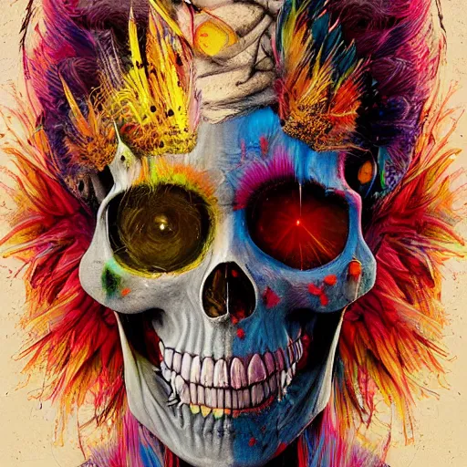 Image similar to art portrait of skeleton with colorful feathers exploding out of head,8k,by tristan eaton,Stanley Artgermm,Tom Bagshaw,Greg Rutkowski,Carne Griffiths,trending on DeviantArt,face enhance,hyper detailed,minimalist,full of colour