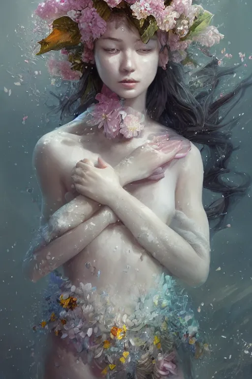 Prompt: face closeup a young beautiful girl drowned in water exploding into flowers, wearing crystal white feathers, 3 d render, hyper realistic detailed portrait, holding magic flowers, ruan jia, wlop. scifi, fantasy, hyper detailed, octane render, concept art, by peter mohrbacher, by wlop, by ruan jia