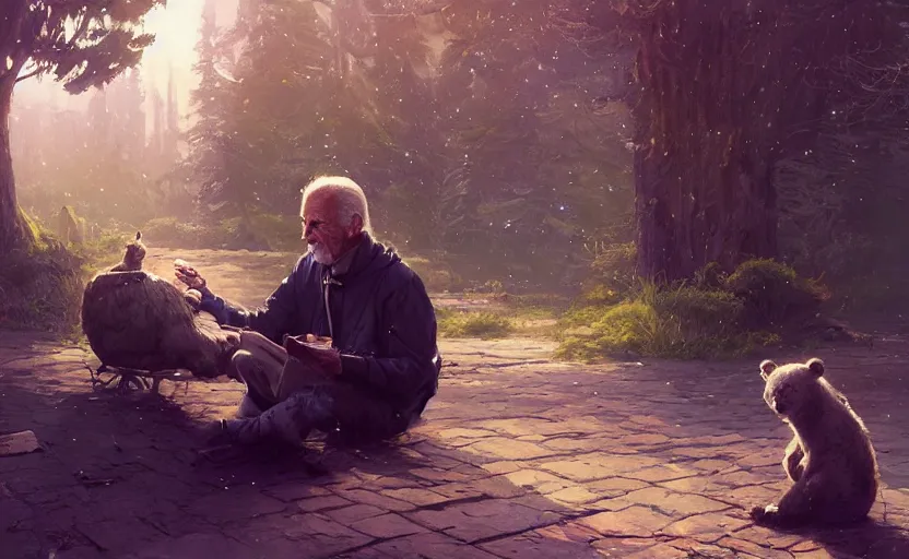 Image similar to highly detailed portrait of joe biden as a homeless, talking to his bear reflection, stephen bliss, unreal engine, fantasy art by greg rutkowski, loish, rhads, ferdinand knab, makoto shinkai and lois van baarle, ilya kuvshinov, rossdraws, tom bagshaw, global illumination, radiant light, detailed and intricate environment