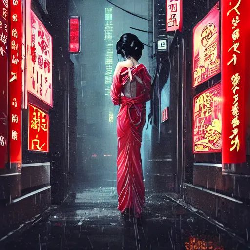 Image similar to high detailed geisha in a cyberpunk rainy city at night with a torii in the background by , high quality, 4K, UHD, trending on ArtStation, blade runner vibes, ghost in the shell