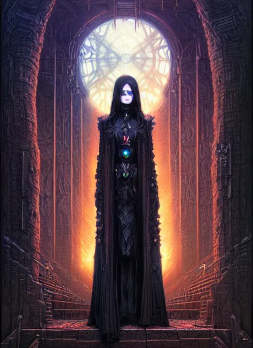 Image similar to portrait of dark mage, hyper detailed masterpiece, dystopian background, jean giraud, digital art painting, darkwave goth aesthetic, lovecraftian, artgerm, donato giancola and tom bagshaw