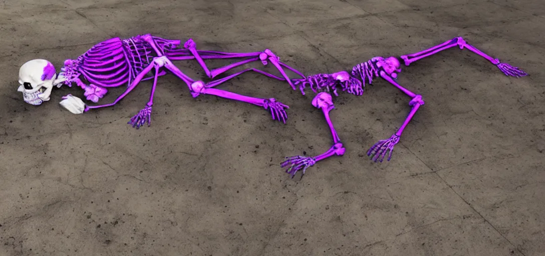 Image similar to the skeleton lies on the ground in front of the computer, magenta and blue