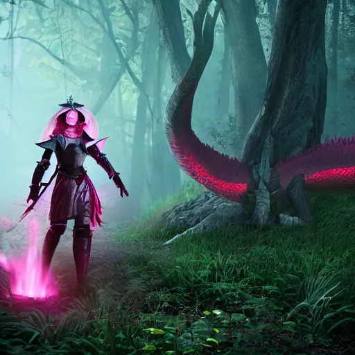 Prompt: a girl dressed in a pink knight armor fights a huge red dragon in the deep forest, cinematic lighting, highly detailed, dark atmosphere, unreal engine,