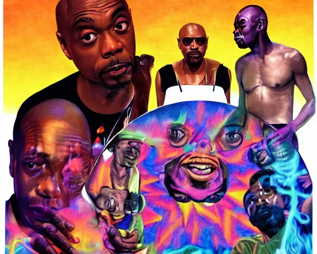 Prompt: A photo of Dave Chappelle, Kayne West, and Jackie Chan doing LSD, By Rainer Hosch, and Alex Grey