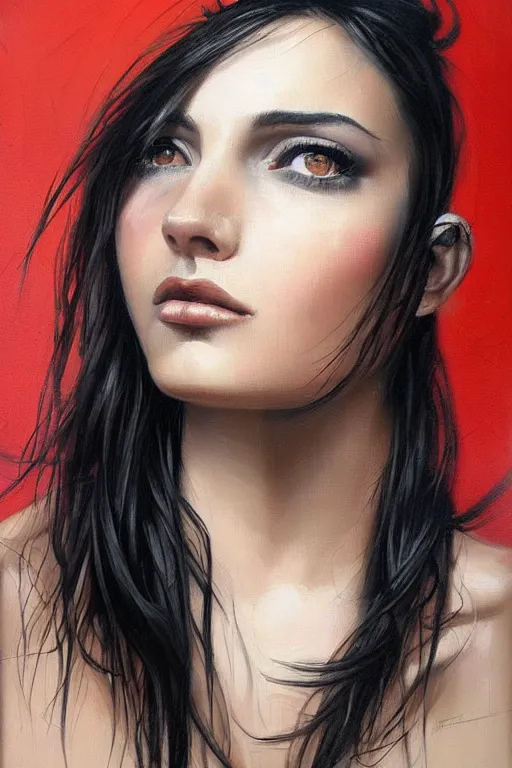 Prompt: portrait of a beautiful woman, black hair, attractive, casual, modern, highly detailed, concept art, smooth, sharp focus, illustration, art by thomas saliot