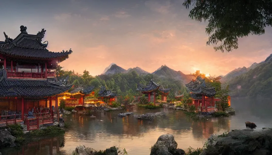 Image similar to chinese village built around a lake with forest at the foot of green gigntic mountains at sunset, fireplace, hyperdetailed, artstation, cgsociety, 8 k