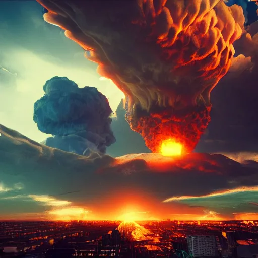 Image similar to nuclear explosion in a city, dramatic lighting, raytraced, trending on artstation