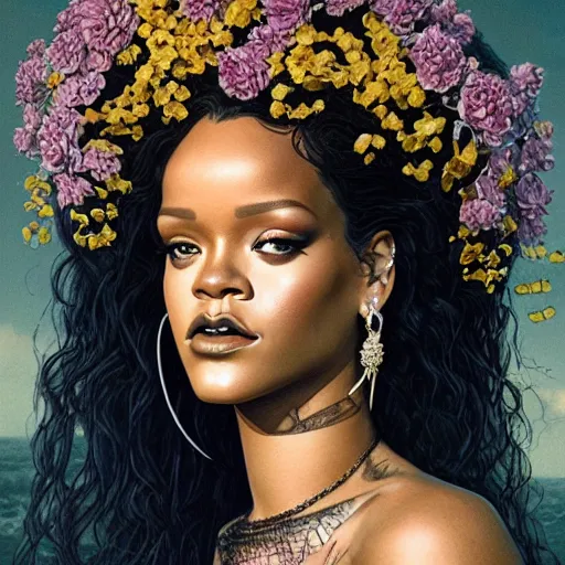 Prompt: portrait of Rihanna as a young pretty woman in flowing dress, arrogant, mysterious, long fine flowing hair, delicate, looking at camera, realistic face, intricate, stylish, elegant, grimdark, flowers, extremely detailed photograph by Martine Johanna and Ernst Haeckel and Greg Rutkowski