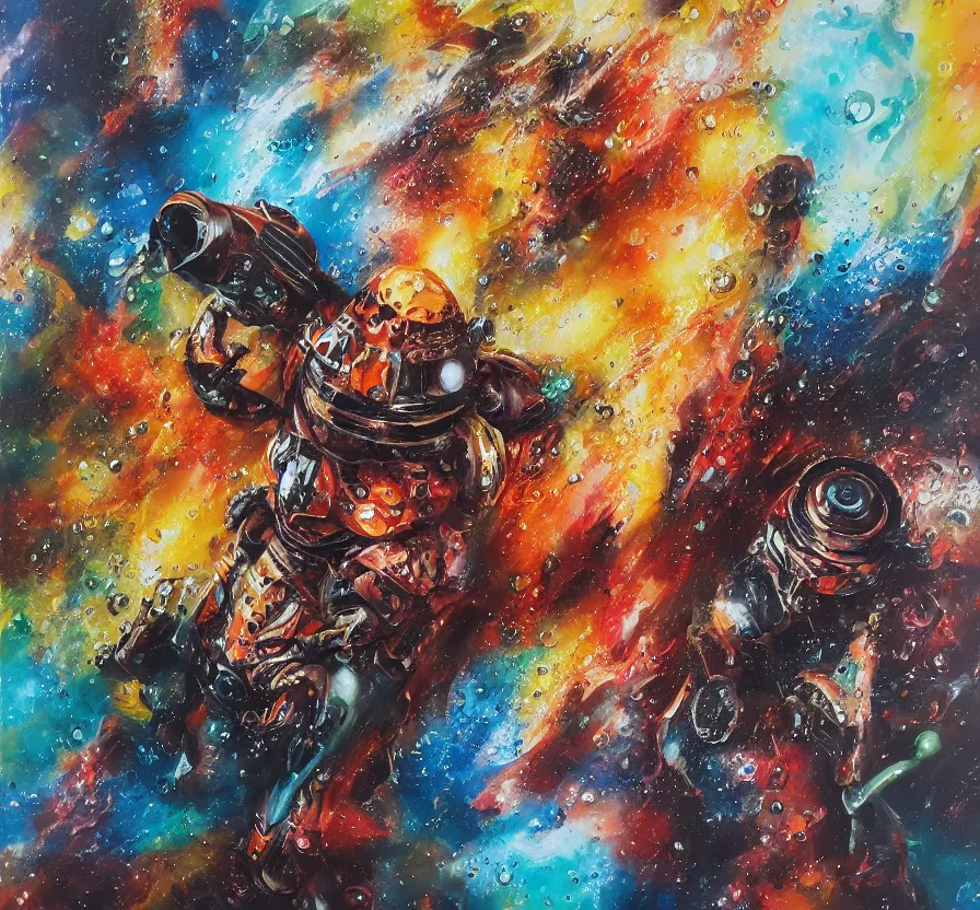 Image similar to exterminatus on earth, painting on canvas, watedrops, water droplets, acrylic painting, acrylic pouring, painting, influencer, artstation