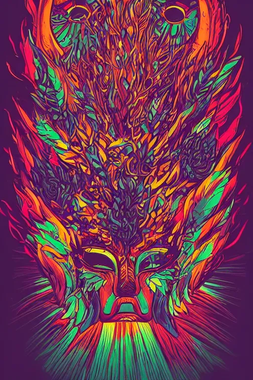 Image similar to animal mask totem roots tribal feather gemstone plant wood rock shaman vodoo video game vector illustration vivid multicolor borderlands comics by josan gonzales and dan mumford radiating a glowing aura