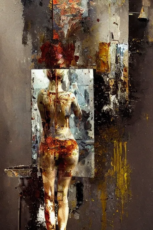 Image similar to a beautiful glitched painting by robert proch and christian hook of a woman in a bathroom mirror, metal rust and plaster materials, brushstrokes by jeremy mann, still life, dark colors