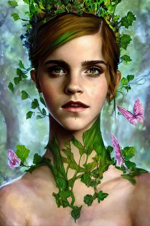 Prompt: portrait of a beautiful young emma watson as titania, summer queen. faerie queen. queen of light, green, poison ivy, made by caravaggio stanley artgerm lau wlop rossdraws artstation cgsociety concept art cgsociety octane render