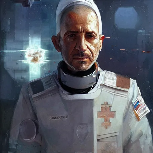 Image similar to a middle eastern starship medical officer with cybernetic enhancements, sci fi character portrait by greg rutkowski, craig mullins