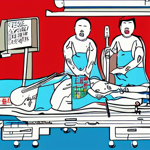 Image similar to chinese surgery operating table, in the style of daniel johnston and outsider art, 8k, line brush, minimal, overlaid with traditional chinese adverts