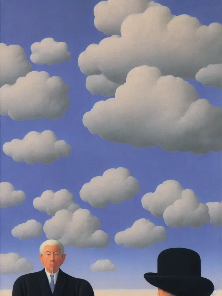 Image similar to portrait of a cloud man by rene magritte, detailed painting, hd, hq, high resolution, high detail, 4 k, 8 k