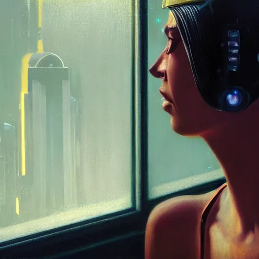 Image similar to detailed face of a woman, moment, cyberpunk cloisters, electronic billboards, tech noir, wet reflections, atmospheric, ambient, pj crook, syd mead, livia prima, greg rutkowski, edward hopper