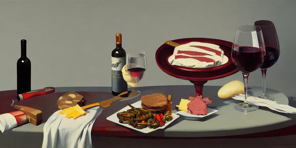 Image similar to an achingly beautiful still life featuring tillamook cheese and wine and steak very coherent, painted by Edward Hopper, Wayne Barlowe, painted by James Gilleard, airbrush, art by JamesJean