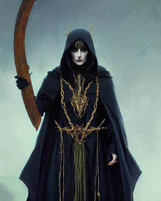 Prompt: handsome mage holding a tall stave, long black hair wearing gothic navy cloak with gold details, green plants, fantasy character portrait, ultra realistic, movie key visual, concept art, intricate details, highly detailed by greg rutkowski, ilya kuvshinov, gaston bussiere, craig mullins, simon bisley