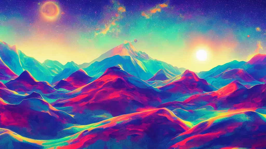 Image similar to a psychedelic illusion mountain scenery, moody, space, colorful, sun, artstation, digital art.