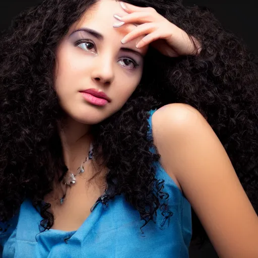 Image similar to A young beautiful woman with long black curly hair, brown eyes, wearing a blue dress, 4k, photorealist, DSLR photograph